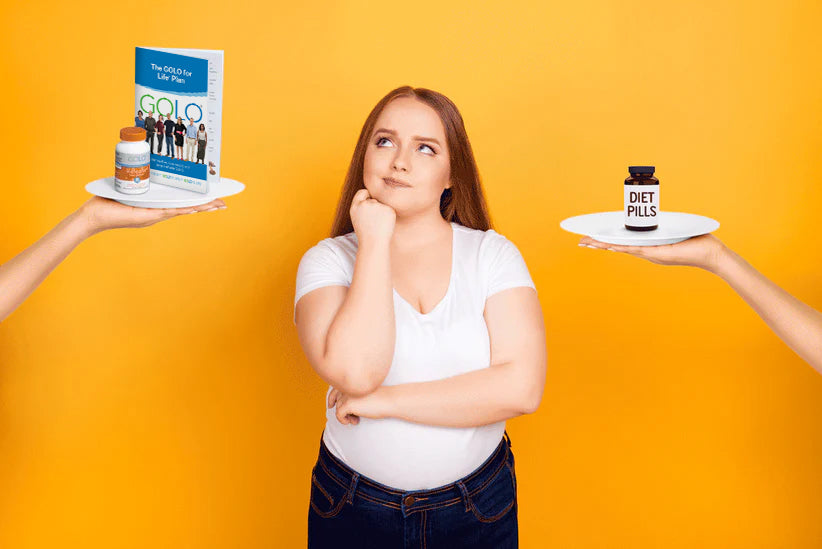 Woman choosing Release and the GOLO for Life Plan over a generic diet pill. 