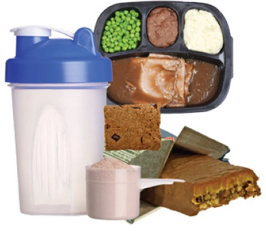 sampling of protein powder, bars and a shaker cup